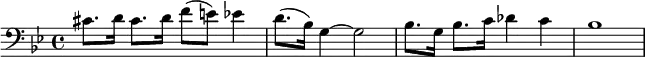 {\clef bass\key g \minor\time 4/4 cis'8. d'16 cis'8. d'16 f'8( e'8) es'4 d'8.( bes16) g4~g2 bes8. g16 bes8. c'16 des'4 c'4 bes1 }