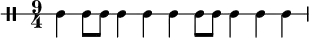 
 \new DrumStaff \with{
  \override StaffSymbol.line-count = #1
 }
 \drummode {
  \time 9/4 {
   cl4 cl8[ cl8] cl4 cl4 cl4 cl8[ cl8] cl4 cl4 cl4
  }
 }
