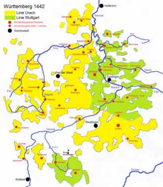 Graafschap Württemberg, 1442. Backnang ligt rechts bovenaan op de kaart.
