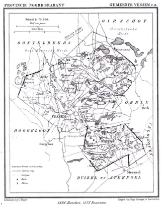 Kaart uit 1867 van de gemeente Vessem, Wintelre en Knegsel, in de Gemeente-atlas van Nederland van Jacob Kuyper