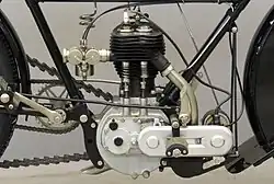 De rechterkant van het blok met het aandrijfkettingkastje voor de ontstekingsmagneet en drie pedalen: de trapper voor het aanfietsen, een rubberen voetsteun en het zilverkleurige koppelingspedaal.