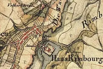 Kasteel Rimburg en de watermolen ("Moulin") op de Trachotkaart van 1805-1807