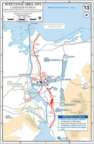 Ariel Sharon, Avraham Adan en Kalman Magen moesten een corridor naar het Suezkanaal vrijmaken en daartoe de Chinese boerderij innemen.
