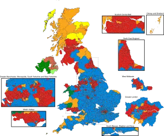 alt=UITSLAGENKAART met de winnende partij per kiesdistrict:
Blauw: Conservatives (306)
Rood: Labour Party (258)
Donkergeel: Liberal Democrats (57)
Bruin: Democratic Unionist Party (Noord-Ierland) (8)
Lichtgeel: Scottish National Party (6)
Donkergroen: Sinn Féin (Noord-Ierland) (5)
Lichtgroen (Wales): Plaid Cymru (3)
Lichtgroen (Noord-Ierland): SDLP (3)
Lichtgroen (Engeland): Green Party of England and Wales (1)
Donkergeel (Noord-Ierland): Alliance Party of Northern Ireland (1)