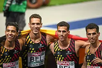 alt=Belgian Tornados (EK 2018)
v.l.n.r. Jonathan Sacoor, Dylan Borlée, Kevin Borlée, Jonathan Borlée