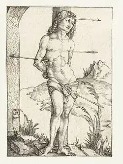 St. Sebastiaan voor een zuil1497-1501Kopergravure107 x 75 mmBartsch 56
