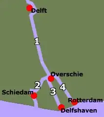 De vier Schieën en de historische kernen waarlangs ze stromen/stroomden:1. Delftse Schie2. Schiedamse Schie3. Delfshavense Schie4. Rotterdamse Schie (thans grotendeels gedempt)