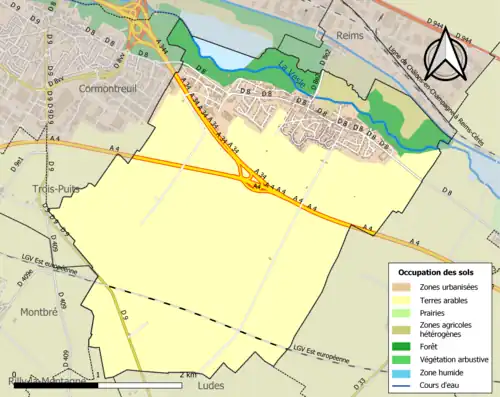 Kaart van de gemeente met de belangrijkste infrastructuur, bodemgebruik en omliggende gemeenten