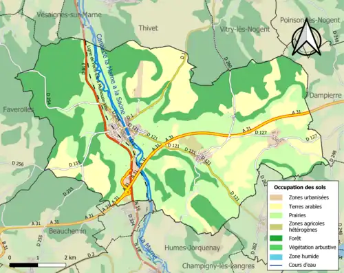 Kaart van de gemeente met de belangrijkste infrastructuur, bodemgebruik en omliggende gemeenten