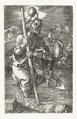 De Heilige Christoffel draagt het Christuskind (Naar rechts kijkend)1521Kopergravure118 x 75 mmBartsch 52