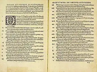Twee bladzijden uit de 95 stellingen uit de druk uit 1522 van Melchior Lotter d.J.