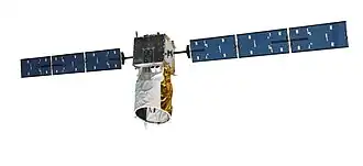 alt=Een door ESA gebouwd 1:10 schaalmodel van de satelliet Aeolus