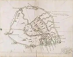 Portugese kaart van Ceylon uit 1606, met het noorden links en Batticaloa aan de oostkust boven.