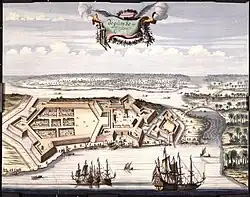 Het Portugese Negombo in vogelvlucht op een prent van ca. 1666, met vermoedelijk overdreven vestingwerken