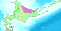 Kaart van  Hokkaido met Okhotsk gemarkeerd