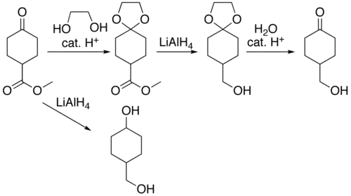 Bescherming van een keton als cyclisch acetaal.