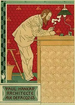 Afbeelding "Paul Hankar aan het werk", gemaakt door Adolphe Crespin in 1897.