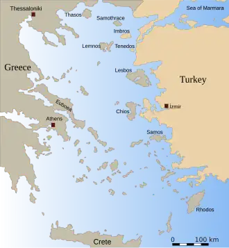 De Egeïsche Zee tussen Griekenland (links) en Turkije (rechts).