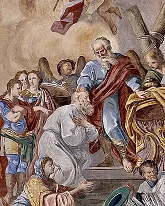 Fresco in de kerk Santa Maria la Cava e Sant’Alfio in Lentini. De apostel Andreas wijdt hem tot bisschop; links achter de drie martelaren Alphius, Philadelphus en Cyrinus.