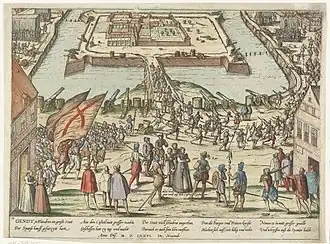 Mondragon en zijn vrouw verlaten de citadel, door Frans Hogenberg(collectie: Rijksmuseum Amsterdam)