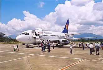 Een Air Philippines vlucht klaar voor boarding in Puerto Princesa