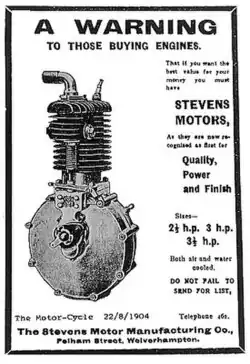 Advertentie voor een motorfietsblok uit 1904. Het merk heette toen nog "Stevens".