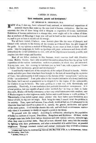 Eerste pagina van Castes in India zoals oorspronkelijk gepubliceerd in mei 1917 in The Indian Antiquary.