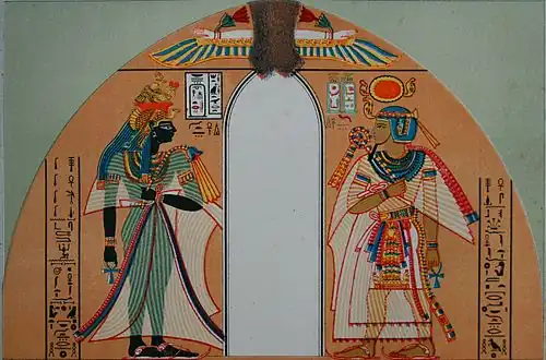 Amenhotep I samen met zijn moeder Ahmose-Nefertari(1881), tekening van fresco uit het boek Illustrierte Culturgeschichte für Leser aller Stände van Carl Faulmann