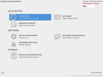 Anaconda's installatiescherm voor Fedora 19