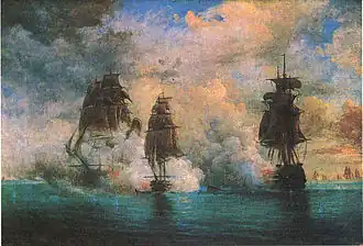 Fregat Mercurius tegen Twee Turkse Slagschepen.(26 mei 1829) (Door Nikolaj Krasovski)