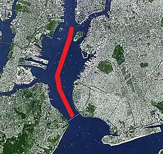 Satellietfoto met het Anchorage Channel in het rood