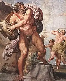 Polyphemus slingert een rotsblok naar zijn liefdesrivaal Acis.