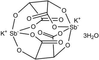 Structuurformule van antimoonkaliumtartraat (trihydraat)