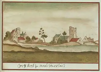 Kasteel en buurtschap Westkerke (afbeelding uit periode 1710-1735), waarschijnlijk grotendeels berustend op fantasieDe tekening uit de Atlas Schoemaker vermeldt 'Noord Beverland', maar het Zeeuws Archief toont een variant op deze tekening waarop 'Westkerke in Tholen' staat aangegeven.