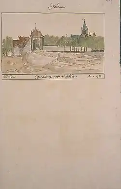 Vlaardingse Poort in 1731 met Sint-Janskerk