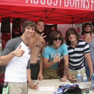 August Burns Red in Bonner Springs,tijdens de Warped Tour 2008 Van L naar R: JB Brubaker, Jake Luhrs, Dustin Davidson,Brent Rambler, en Matt Greiner