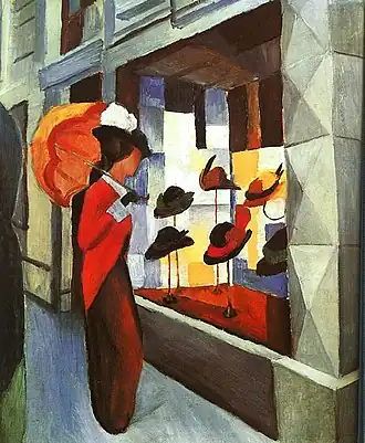 Frau mit Sonnenschirm vor Hutladen, 1914