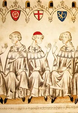 De Keurvorsten bij de koningskeuze van 1308: v.l.n.r. Peter van Mainz, Boudewijn van Trier en Rudolf I (afbeelding uit 1341).