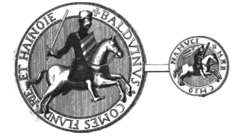 Ruiterzegel van Boudewijn (BALDVINVS) als graaf van Henegouwen en Vlaanderen (COMES FLANDRIE ET HAINOIE) en markgraaf van Namen (MARCHIO NAMVCI).