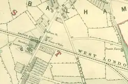 Het station in 1862 in het nog landelijke Balham