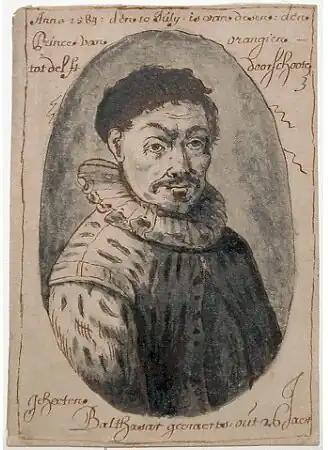 Portret van Balthasar Gerards op een pen/penseeltekening uit de 18e eeuwBosma 1983, p.&nbsp;37.
