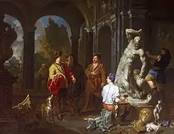 Elegante figuren bij een beeldhouwwerk van Hercules en Anateus