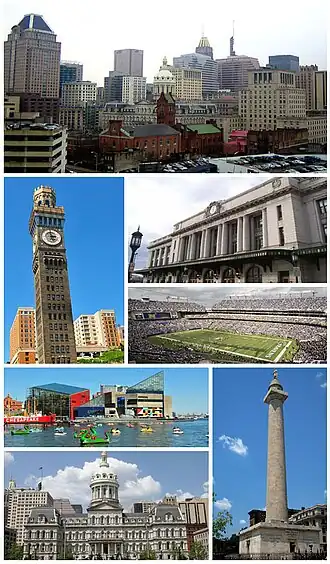 Een collage van BaltimoreDowntown, Emerson Bromo-Seltzer-klokkentoren, Pennsylvania Station, M&T Bank Stadium, Inner Harbor met het nationaal aquarium, Baltimore City Hall, Washington Monument