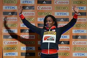 Barbara Pierre kampioene op de 60 m tijdens de WK indoor van 2016, Portland.