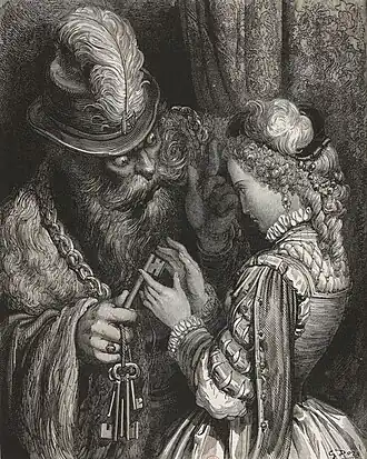 Blauwbaard geeft de sleutelbos. Illustratie door Gustave Doré