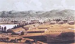 Barnaoel vanaf de rechteroever van de Barnaoelkarivier  (gravure 2e helft 19e eeuw)