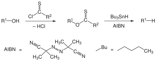 Algemeen reactieverloop van de Barton-McCombie-desoxygenering