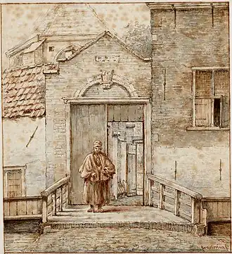 Het bruggetje over de Begijnensloot, met op de achtergrond de Engelse Kerk op het Begijnhof. Tekening van Pieter Ernst Hendrik Praetorius (1791-1876), gedateerd 1814