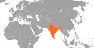 Kaart met daarop België en India