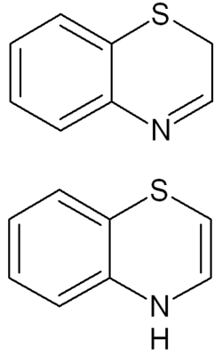 Structuurformule van 2H-benzothiazine (boven) en 4H-benzothiazine (onder)